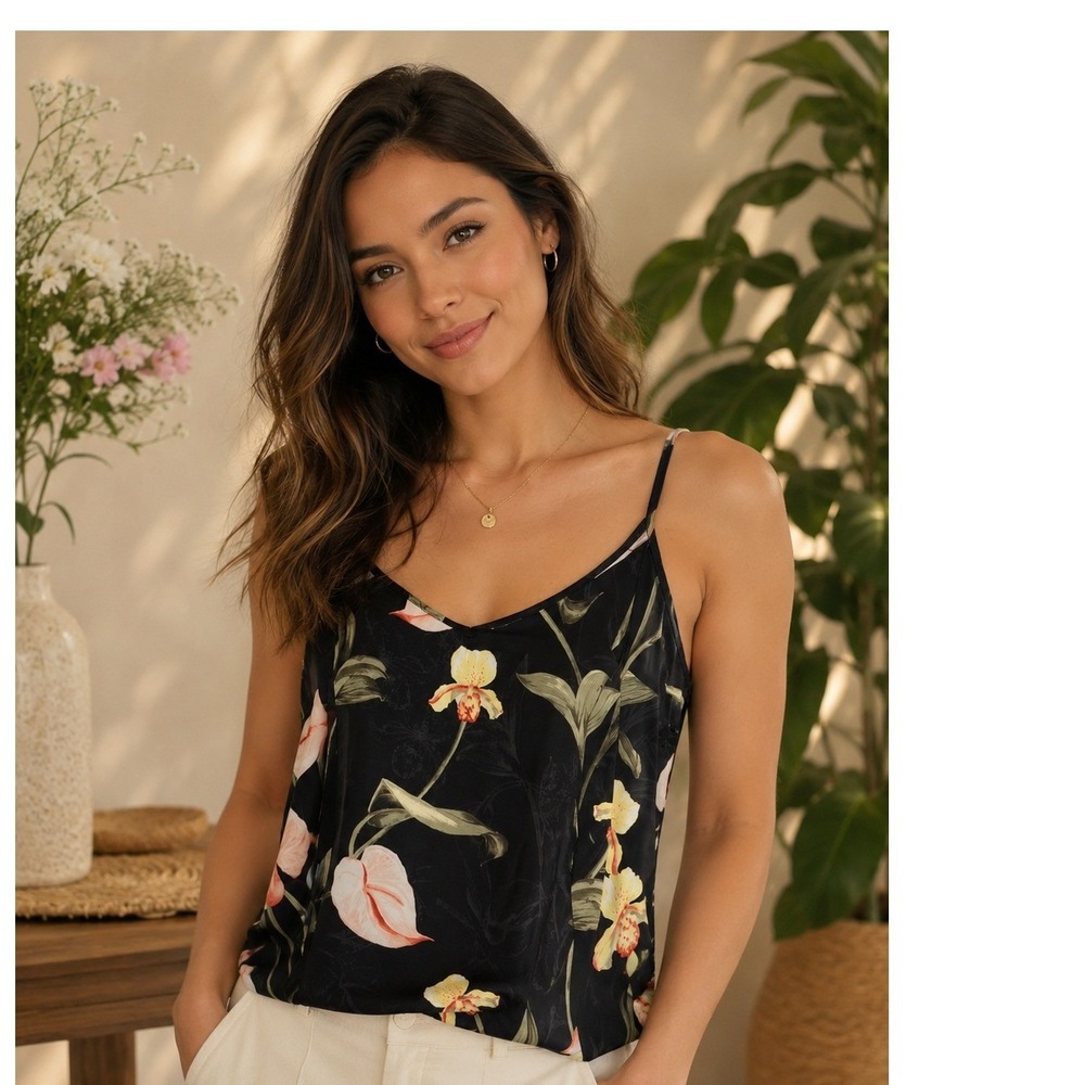 White House Black Market Floral Camisole Top Black Botanical Print V-Neck Size M